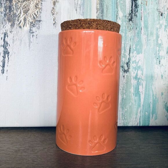 Dog Paw Ceramic Coral Orange Treat Canister Jar - Picture 1 of 3